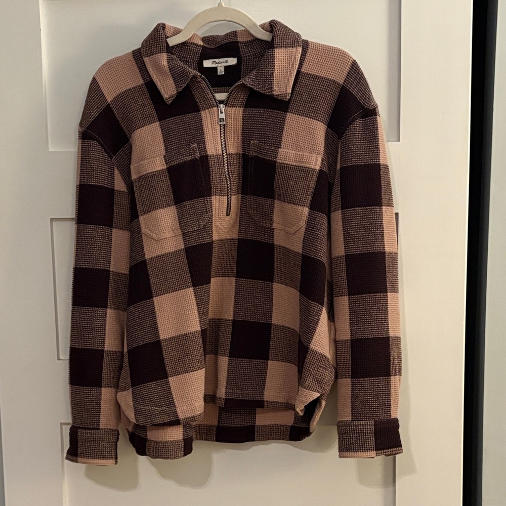 Madewell Half-Zip Checkered Pullover - Brown & Pink